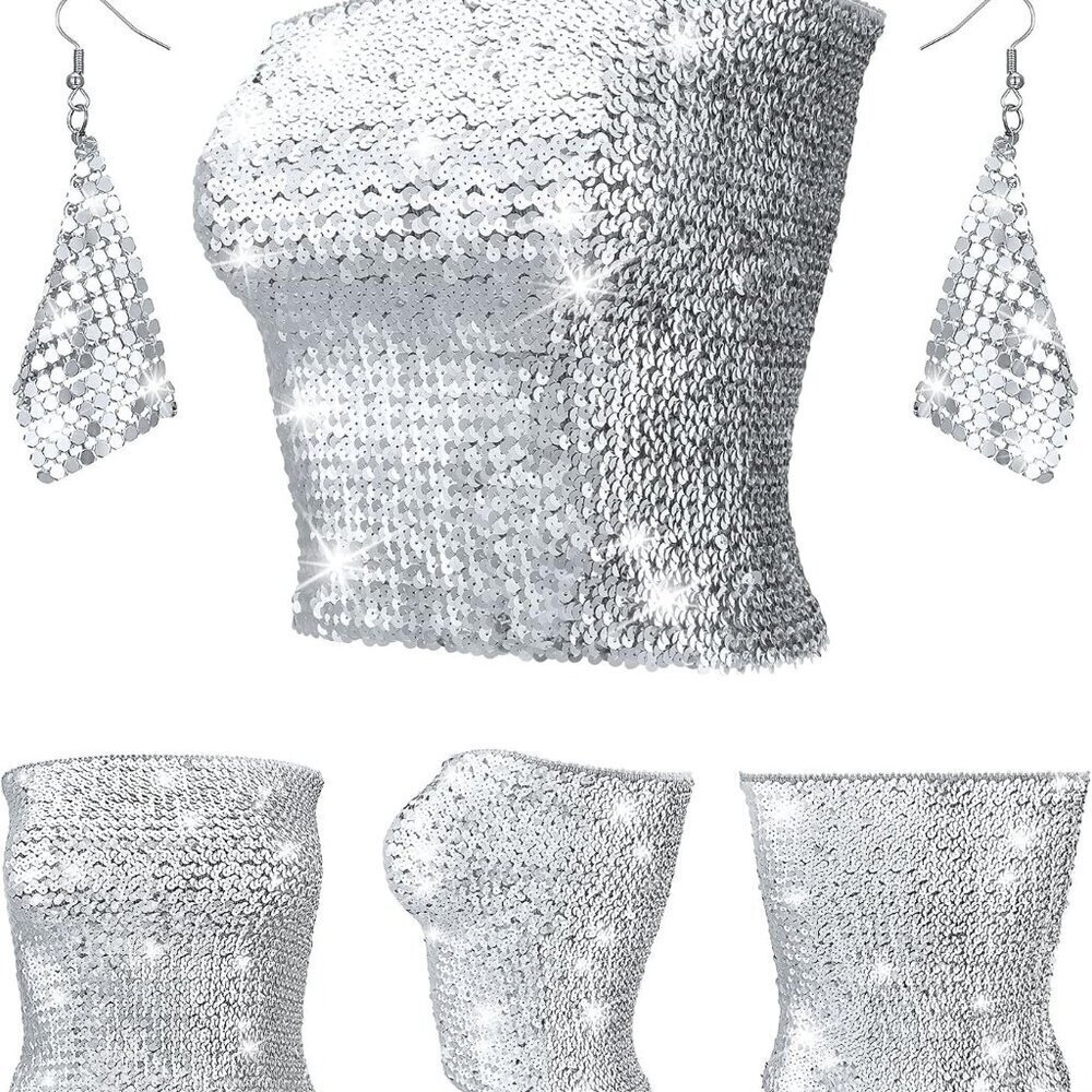 Women's Sequin Crop Top Set Strapless Metallic Tube Top with Earrings